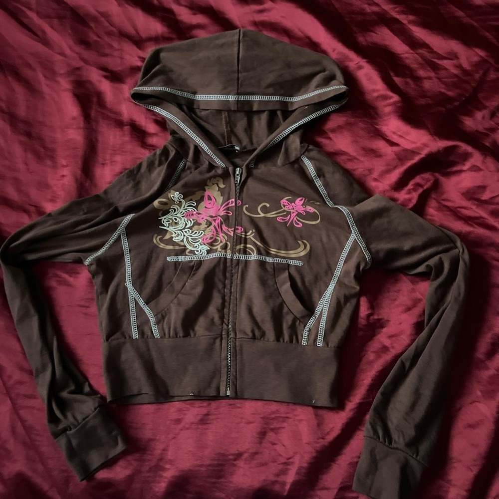 Brown Hoodie with Pink and white Embroidery